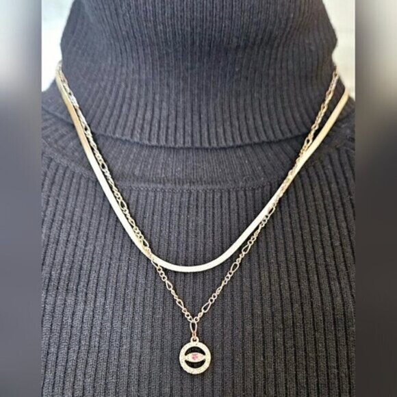 Gold Tone Double Strand Necklace w/ Red Evil Eye Pendant - Picture 4 of 7